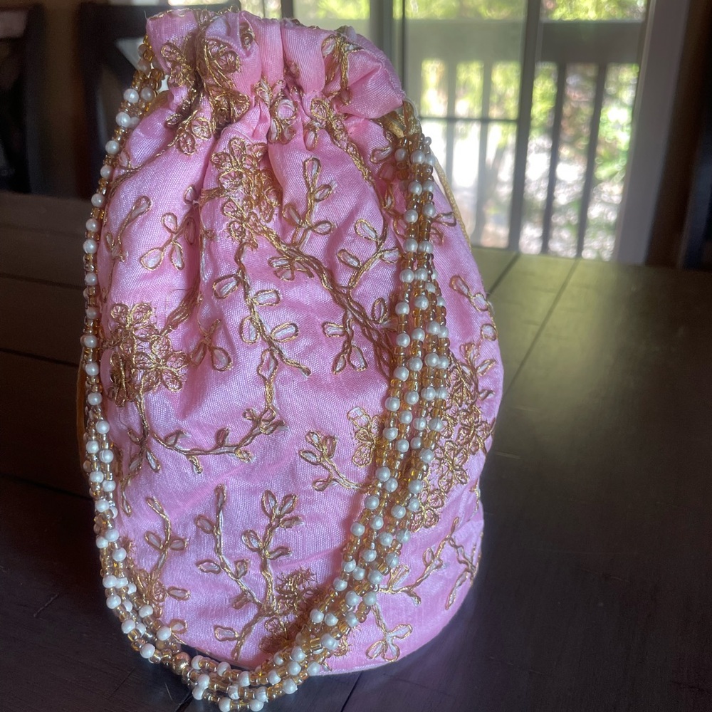 NWOT Embroidered Potli Pink and Gold Drawstring Bag